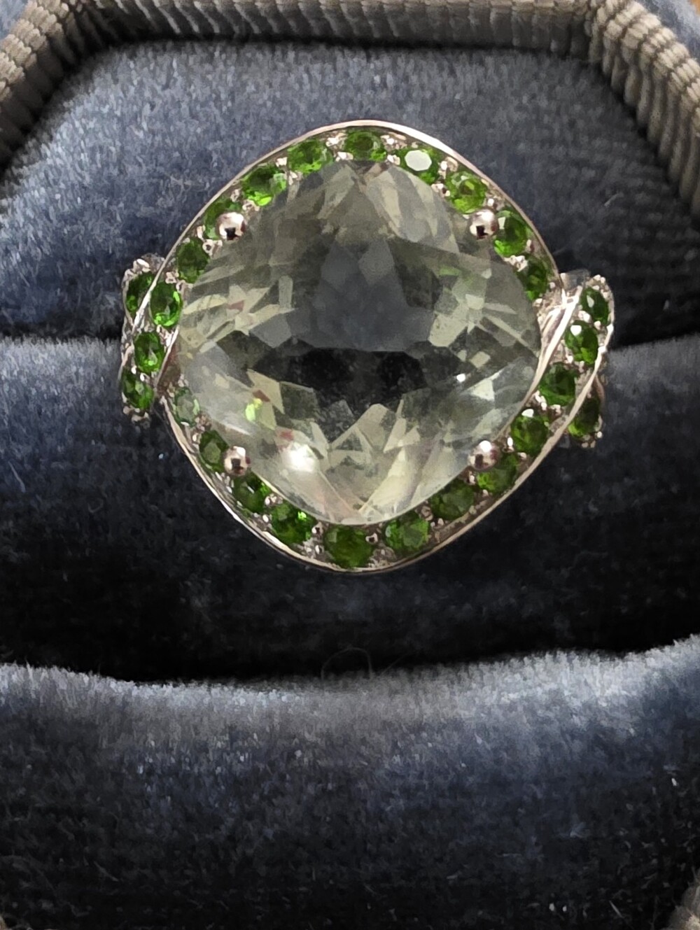 10k Aquamarine, Green Amethyst White Gold Ring